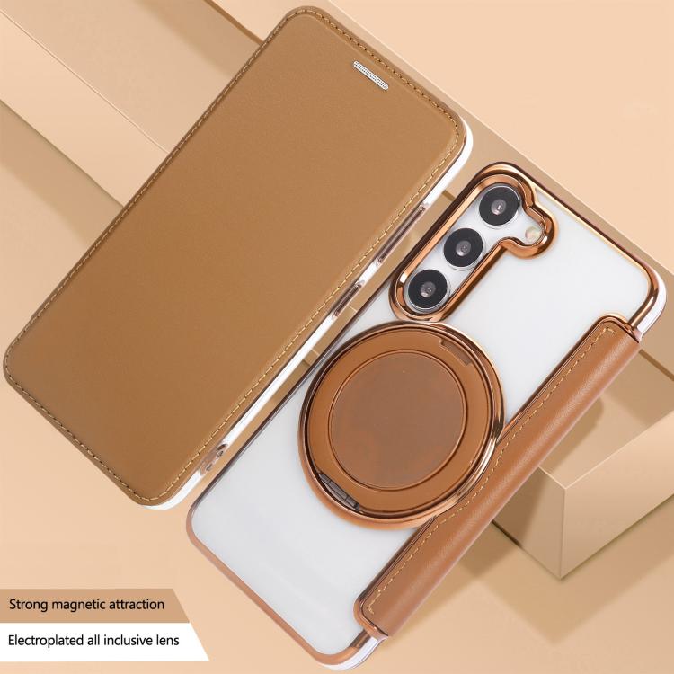 For Samsung Galaxy S23+ 5G Ultra-thin Rotation Holder Magnetic Plating Vegan Leather Phone Case