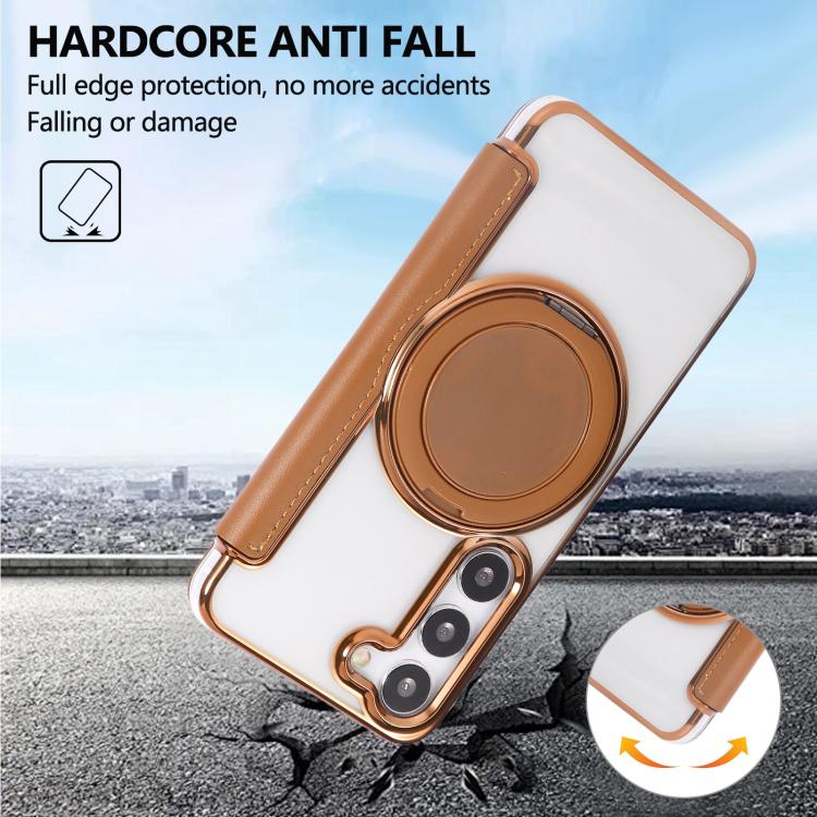 For Samsung Galaxy S23+ 5G Ultra-thin Rotation Holder Magnetic Plating Vegan Leather Phone Case