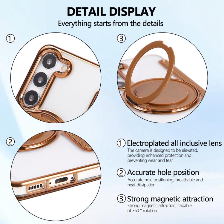 For Samsung Galaxy S23+ 5G Ultra-thin Rotation Holder Magnetic Plating Vegan Leather Phone Case