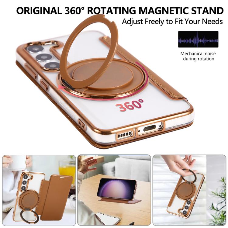 For Samsung Galaxy S23+ 5G Ultra-thin Rotation Holder Magnetic Plating Vegan Leather Phone Case