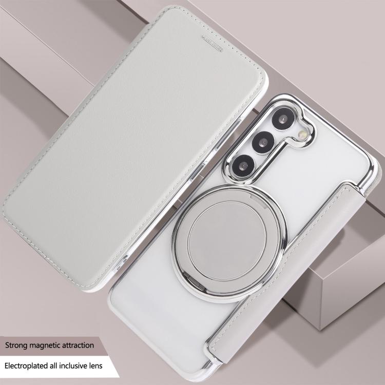 For Samsung Galaxy S23+ 5G Ultra-thin Rotation Holder Magnetic Plating Vegan Leather Phone Case