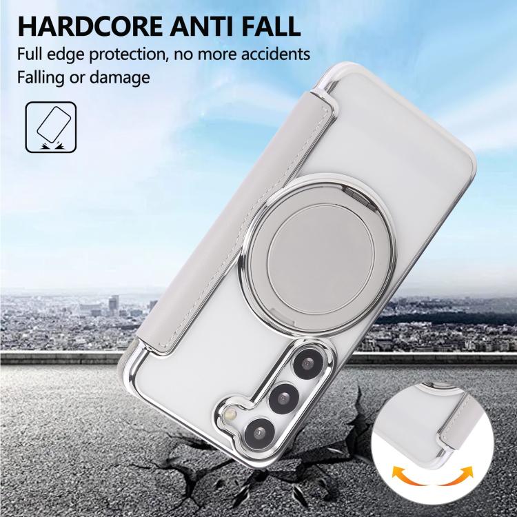 For Samsung Galaxy S23+ 5G Ultra-thin Rotation Holder Magnetic Plating Vegan Leather Phone Case