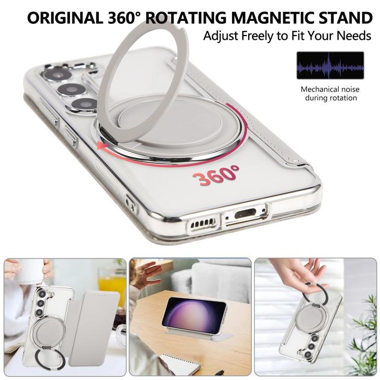 For Samsung Galaxy S23+ 5G Ultra-thin Rotation Holder Magnetic Plating Vegan Leather Phone Case