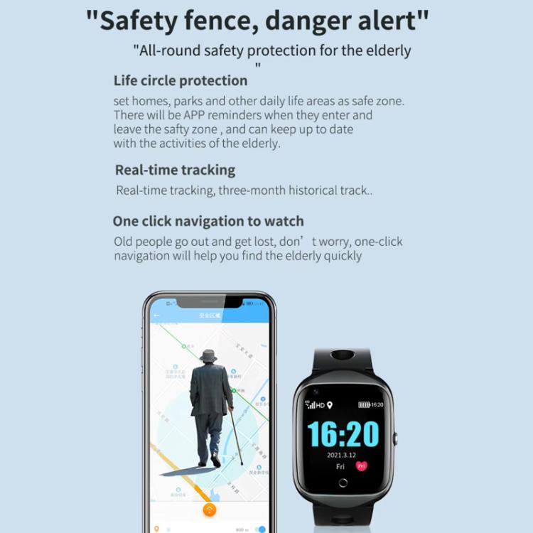 FA66S 1.3-inch Screen 4G Network GPS Tracking Elderly Smart Watch Support Heart Rate / Blood Pressure Monitoring, Model:American Version - Black Grey