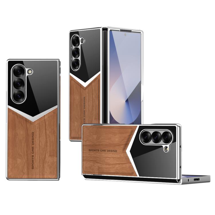 For Samsung Galaxy Z Fold3 5G Wood Grain Vegan Leather Contrast Color Phone Case with Sreen Film