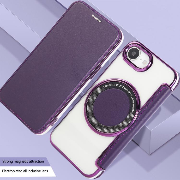 For iPhone 16e Ultra-thin Magnetic Plating Vegan Leather Phone Case