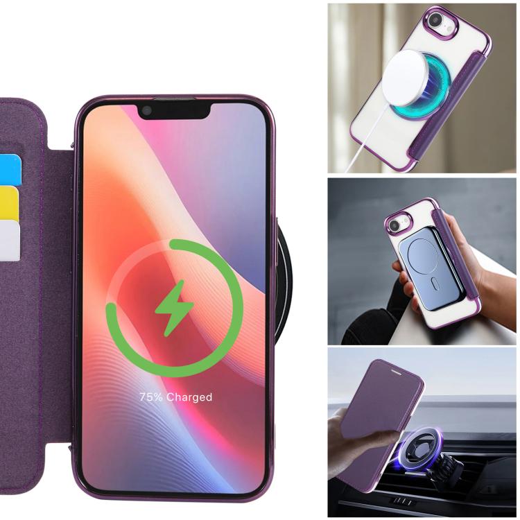 For iPhone 16e Ultra-thin Magnetic Plating Vegan Leather Phone Case