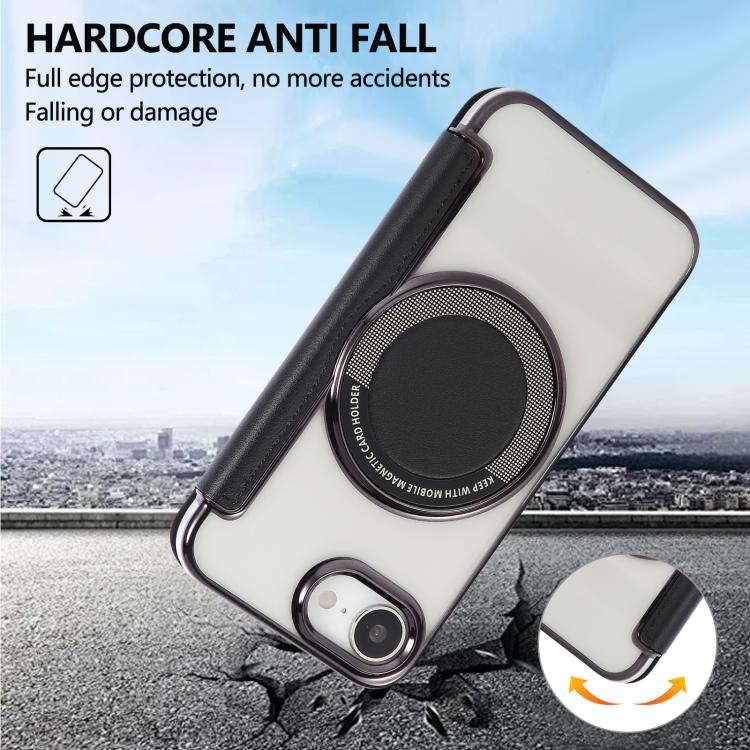 For iPhone 16e Ultra-thin Magnetic Plating Vegan Leather Phone Case
