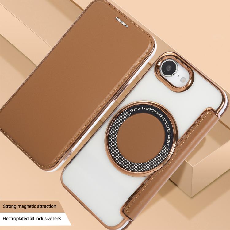 For iPhone 16e Ultra-thin Magnetic Plating Vegan Leather Phone Case
