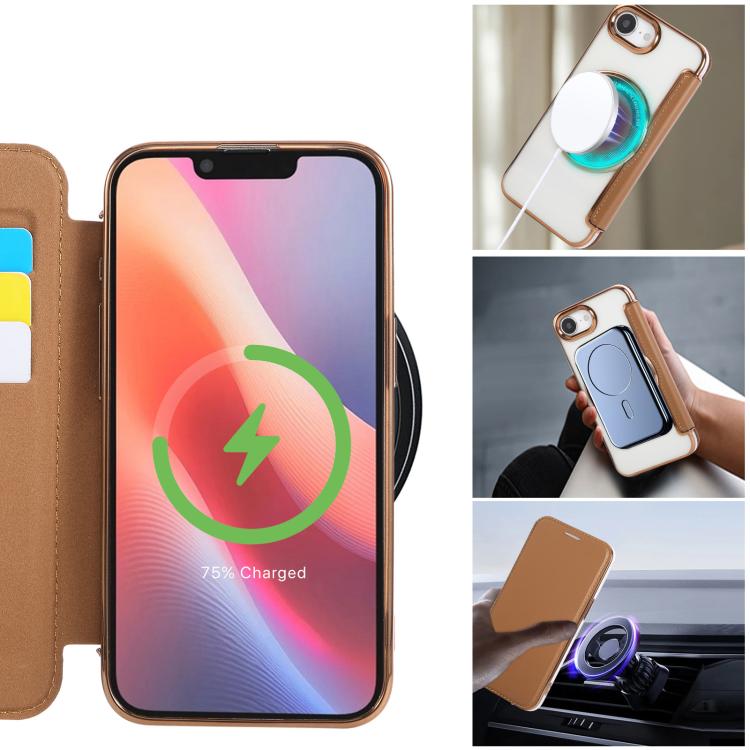 For iPhone 16e Ultra-thin Magnetic Plating Vegan Leather Phone Case