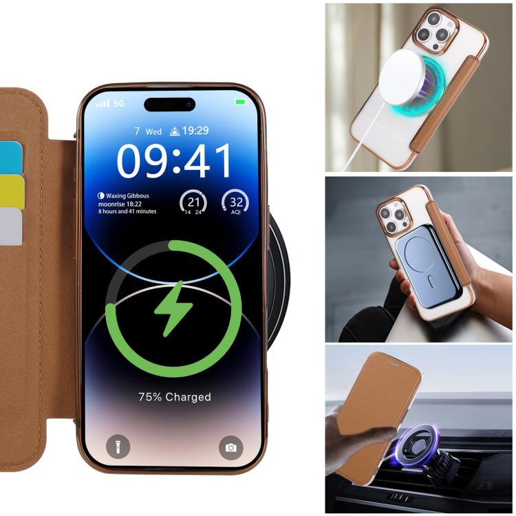 For iPhone 16 Pro Max Ultra-thin Magnetic Plating Vegan Leather Phone Case