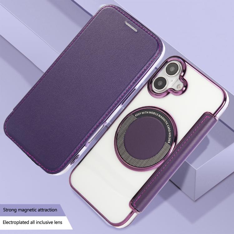 For iPhone 16 Plus Ultra-thin Magnetic Plating Vegan Leather Phone Case