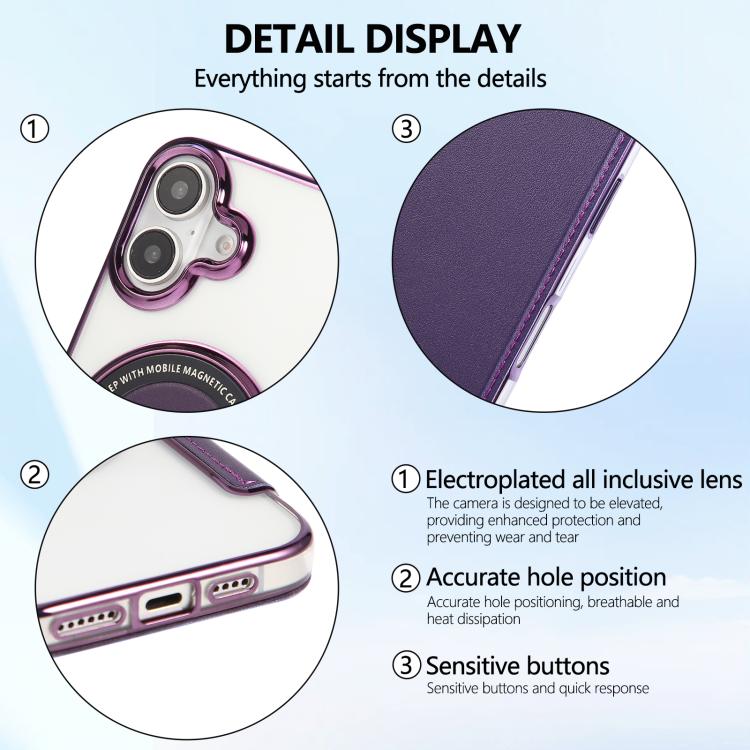 For iPhone 16 Plus Ultra-thin Magnetic Plating Vegan Leather Phone Case