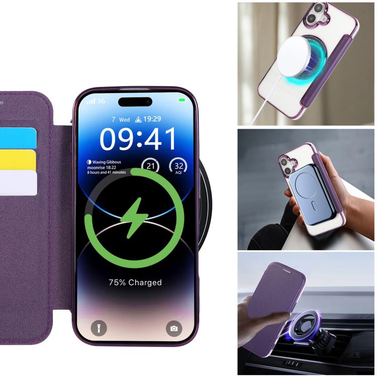 For iPhone 16 Plus Ultra-thin Magnetic Plating Vegan Leather Phone Case