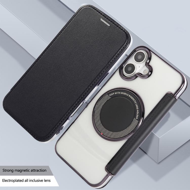 For iPhone 16 Plus Ultra-thin Magnetic Plating Vegan Leather Phone Case
