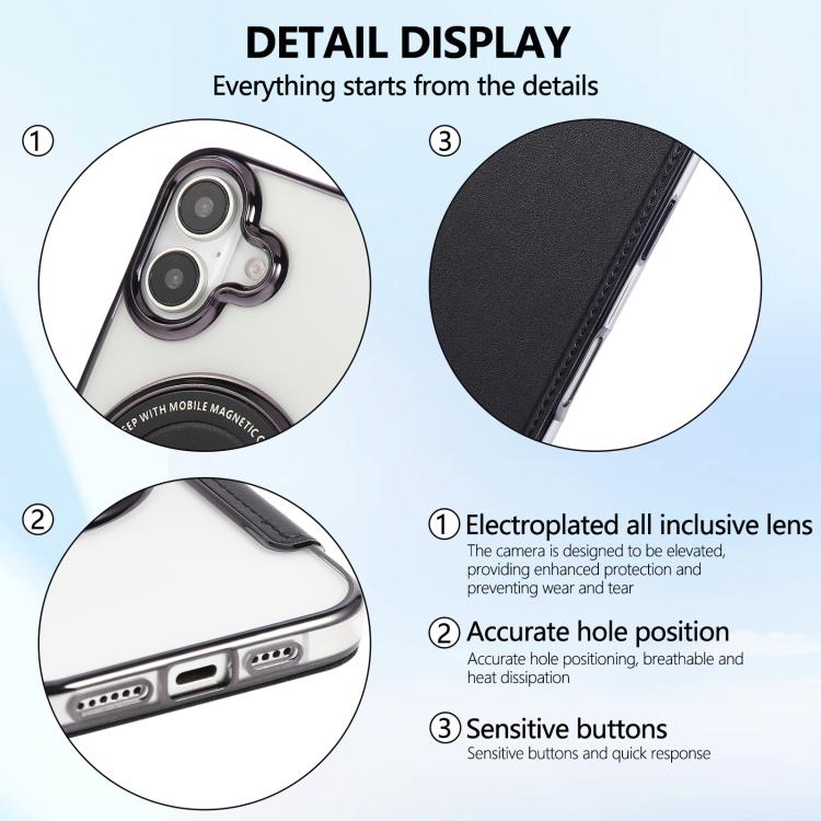 For iPhone 16 Plus Ultra-thin Magnetic Plating Vegan Leather Phone Case