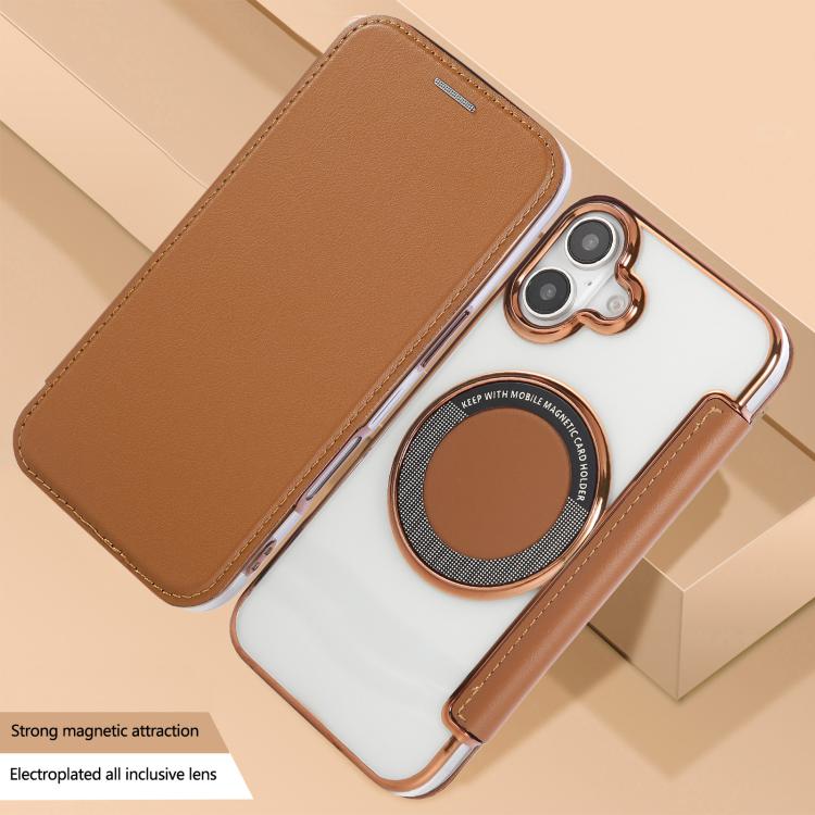 For iPhone 16 Plus Ultra-thin Magnetic Plating Vegan Leather Phone Case