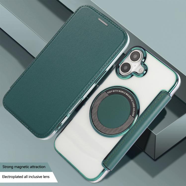 For iPhone 16 Ultra-thin Magnetic Plating Vegan Leather Phone Case