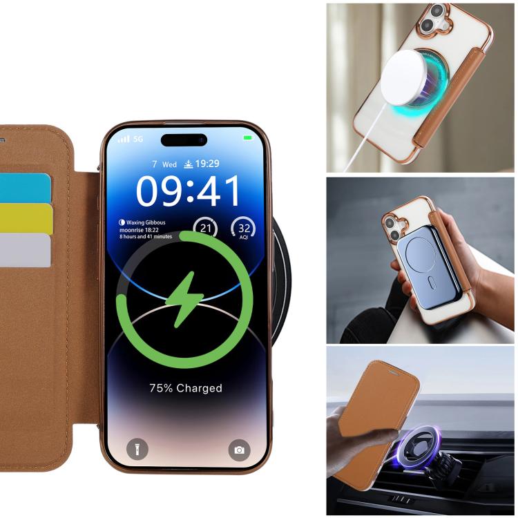 For iPhone 16 Ultra-thin Magnetic Plating Vegan Leather Phone Case
