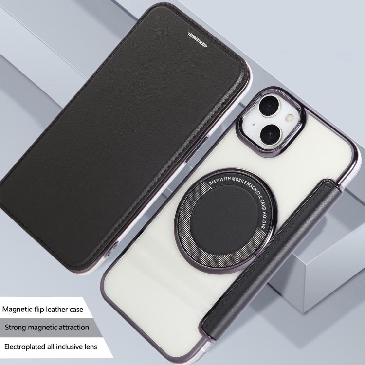 For iPhone 15 Plus / 14 Plus Ultra-thin Magnetic Plating Vegan Leather Phone Case