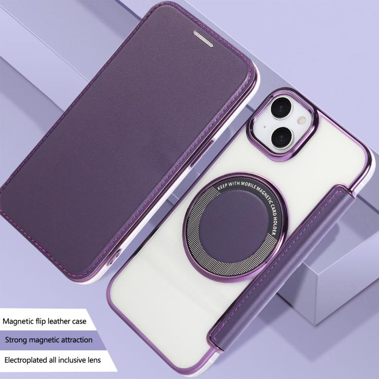 For iPhone 14 / 13 Ultra-thin Magnetic Plating Vegan Leather Phone Case