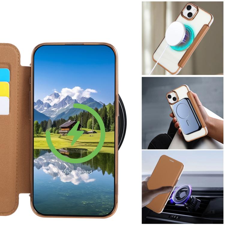 For iPhone 14 / 13 Ultra-thin Magnetic Plating Vegan Leather Phone Case