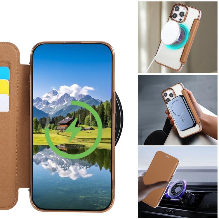 For iPhone 14 Pro Ultra-thin Magnetic Plating Vegan Leather Phone Case