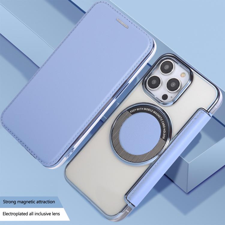 For iPhone 14 Pro Max Ultra-thin Magnetic Plating Vegan Leather Phone Case