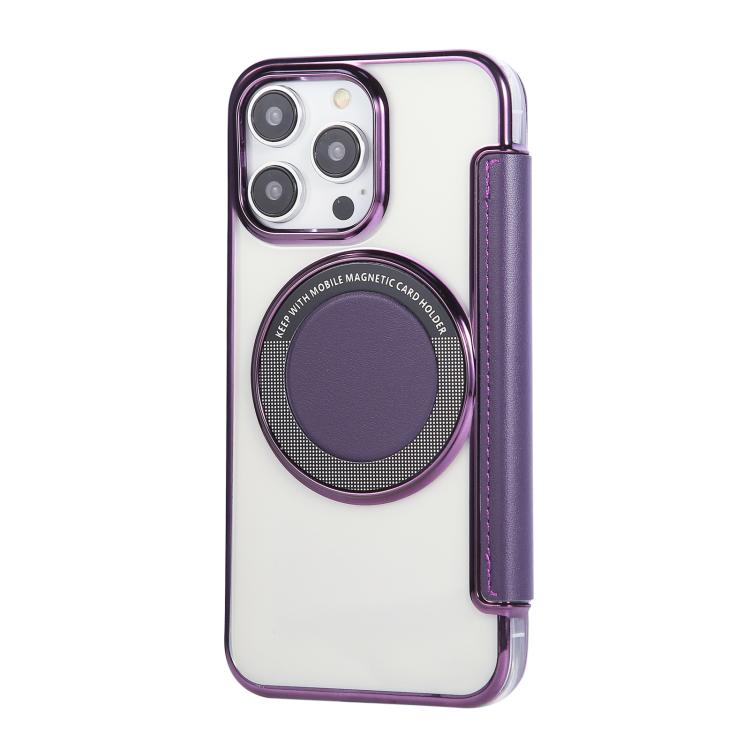 For iPhone 14 Pro Max Ultra-thin Magnetic Plating Vegan Leather Phone Case