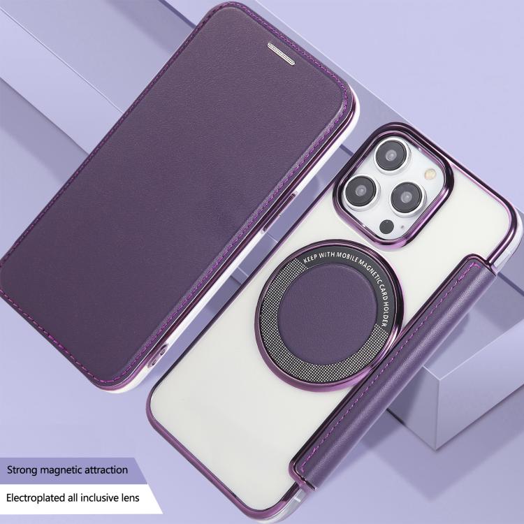 For iPhone 14 Pro Max Ultra-thin Magnetic Plating Vegan Leather Phone Case