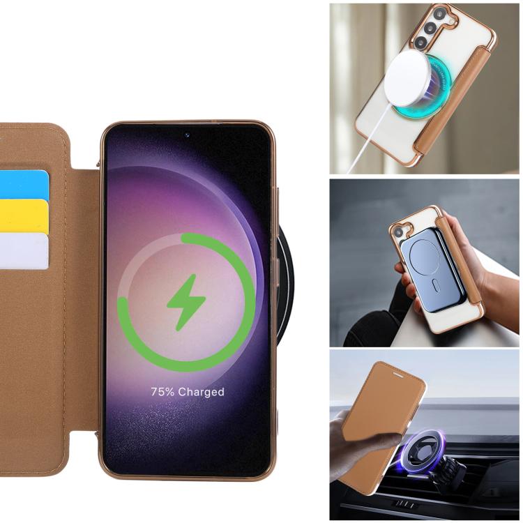 For Samsung Galaxy S23+ 5G Ultra-thin Magnetic Plating Vegan Leather Phone Case