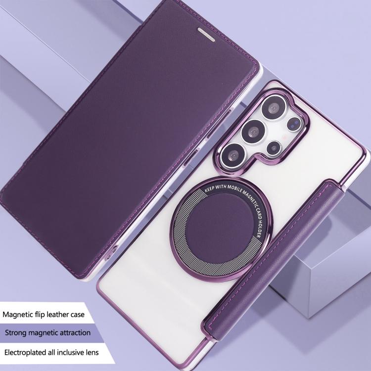 For Samsung Galaxy S22 Ultra 5G Ultra-thin Magnetic Plating Vegan Leather Phone Case