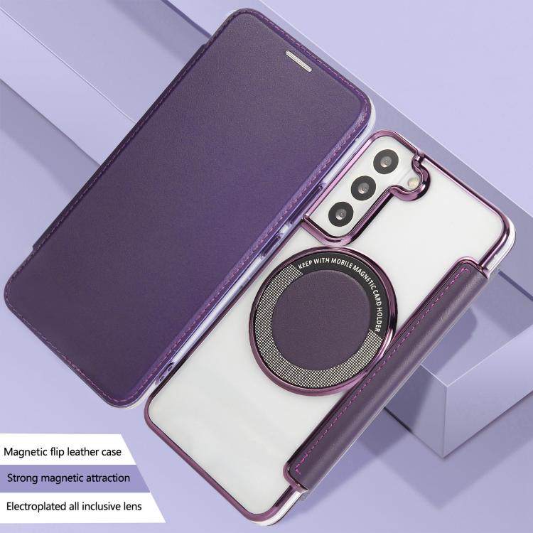 For Samsung Galaxy S22+ 5G Ultra-thin Magnetic Plating Vegan Leather Phone Case