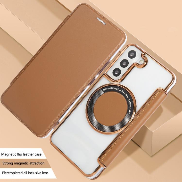 For Samsung Galaxy S22+ 5G Ultra-thin Magnetic Plating Vegan Leather Phone Case