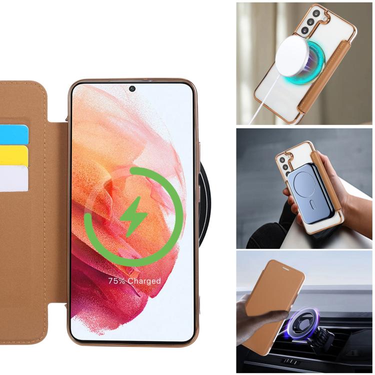 For Samsung Galaxy S22+ 5G Ultra-thin Magnetic Plating Vegan Leather Phone Case