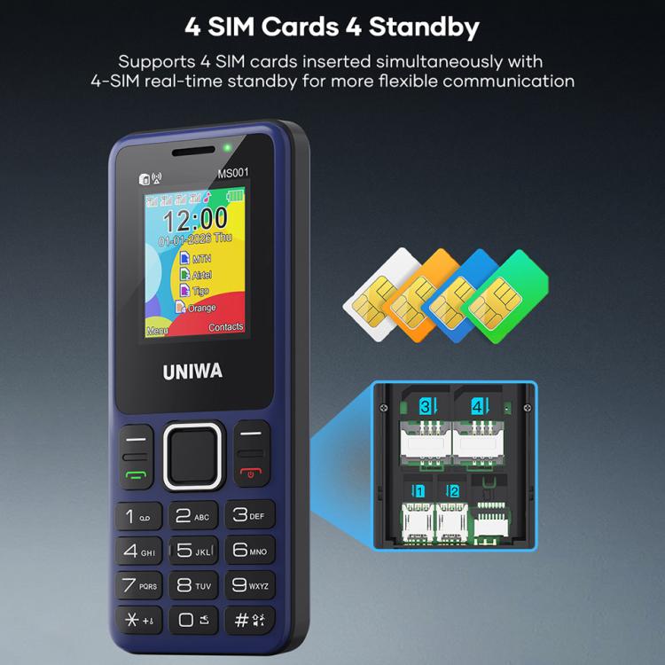 UNIWA MS001 Keypad Phone, 1.77 inch Spreadtrum SC6531CA, Network: 2G, 4 SIM 4 Standby, 21 Keys, Plug:AU Plug - Black