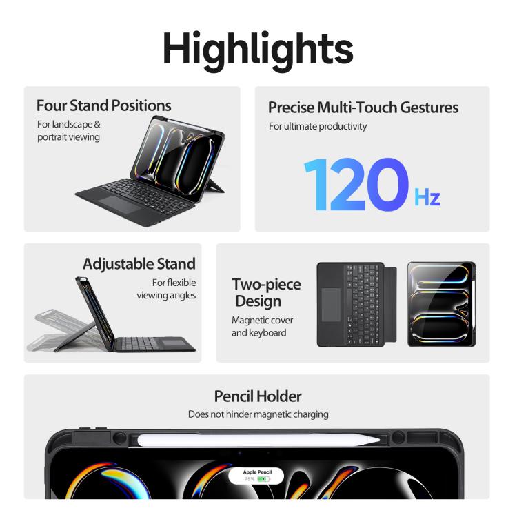 For iPad Pro 13 2025 / 2024 DUX DUCIS DK Series Backlight Magnetic Wireless Keyboard Vegan Leather Tablet Case - Black