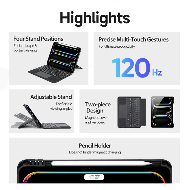 For iPad Pro 11 2025 / 2024 DUX DUCIS DK Series Backlight Magnetic Wireless Keyboard Vegan Leather Tablet Case - Black