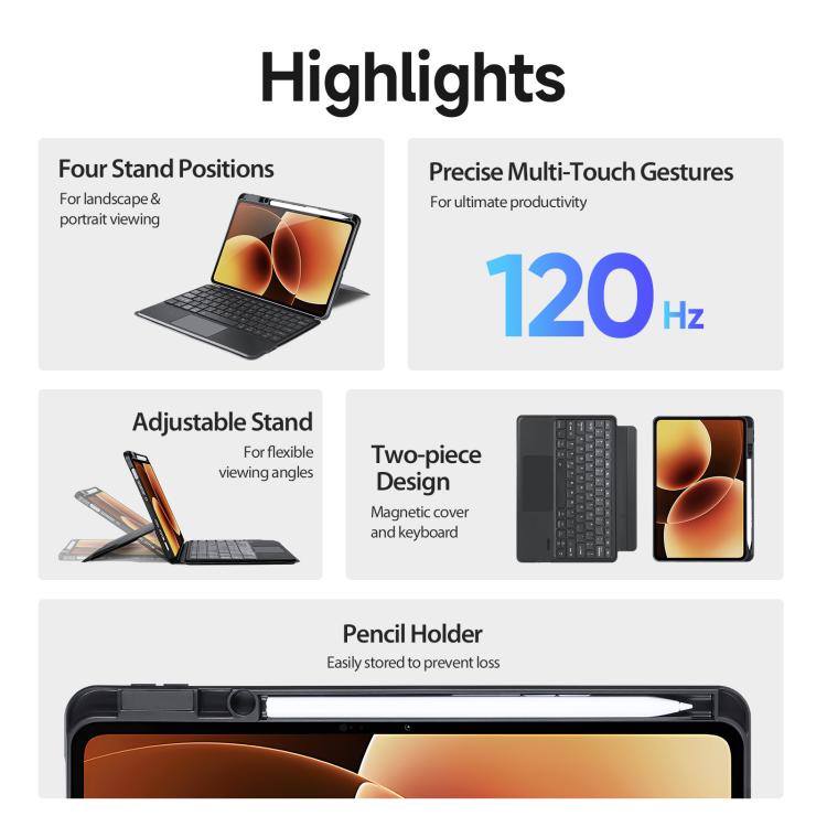 For Xiaomi Pad 8 / 8 Pro / 7 / 7 Pro DUX DUCIS DK Series Backlight Magnetic Wireless Keyboard Vegan Leather Tablet Case - Black