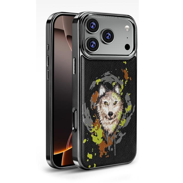 For iPhone 17 Pro Max Embroidered Graffiti Vegan Leather Shield Electroplated Magnetic Phone Case