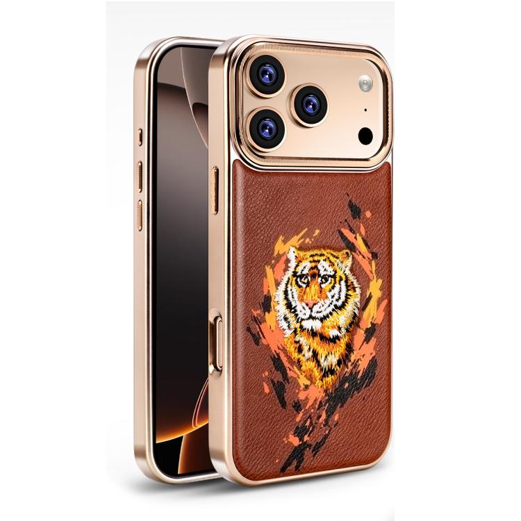 For iPhone 17 Pro Max Embroidered Graffiti Vegan Leather Shield Electroplated Magnetic Phone Case