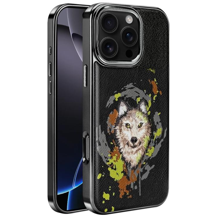 For iPhone 16 Pro Max Embroidered Graffiti Vegan Leather Shield Electroplated Magnetic Phone Case