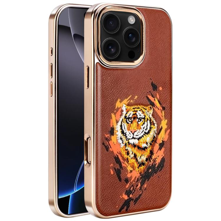For iPhone 16 Pro Embroidered Graffiti Vegan Leather Shield Electroplated Magnetic Phone Case