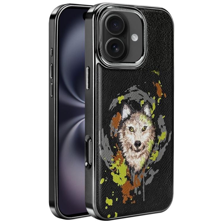 For iPhone 16 Plus Embroidered Graffiti Vegan Leather Shield Electroplated Magnetic Phone Case