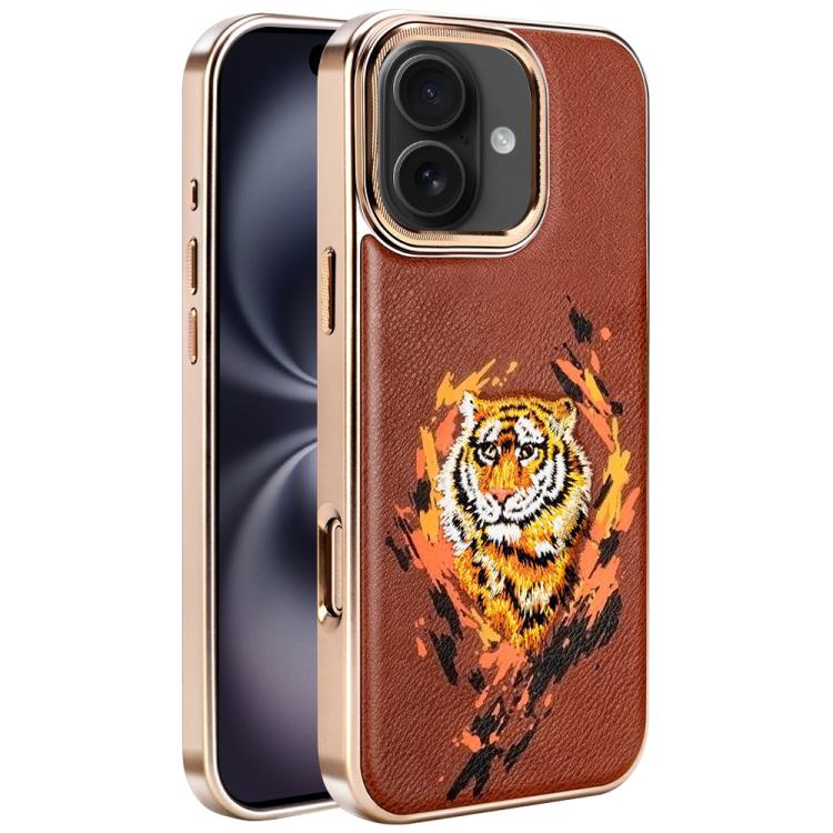 For iPhone 16 Plus Embroidered Graffiti Vegan Leather Shield Electroplated Magnetic Phone Case