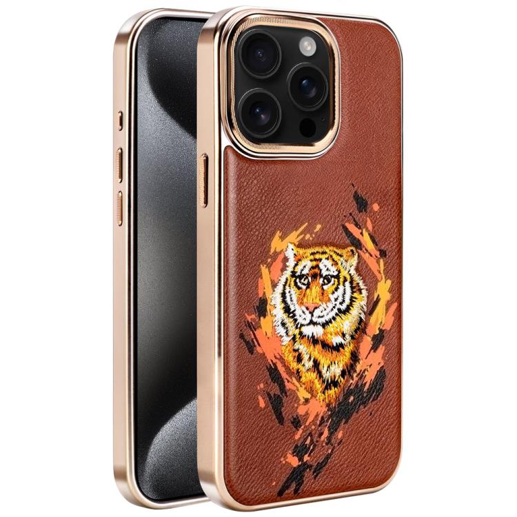 For iPhone 15 Pro Max Embroidered Graffiti Vegan Leather Shield Electroplated Magnetic Phone Case