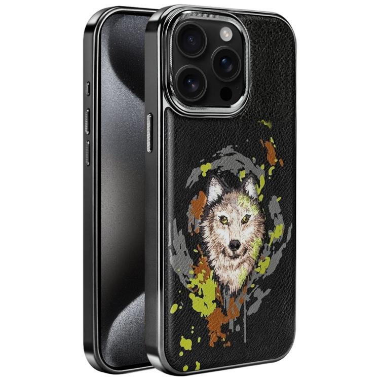 For iPhone 15 Pro Embroidered Graffiti Vegan Leather Shield Electroplated Magnetic Phone Case
