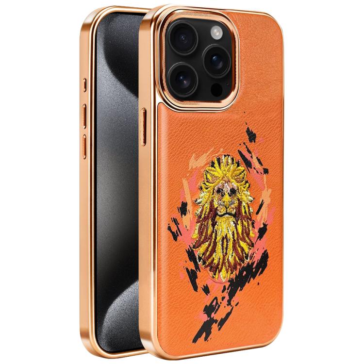For iPhone 15 Pro Embroidered Graffiti Vegan Leather Shield Electroplated Magnetic Phone Case