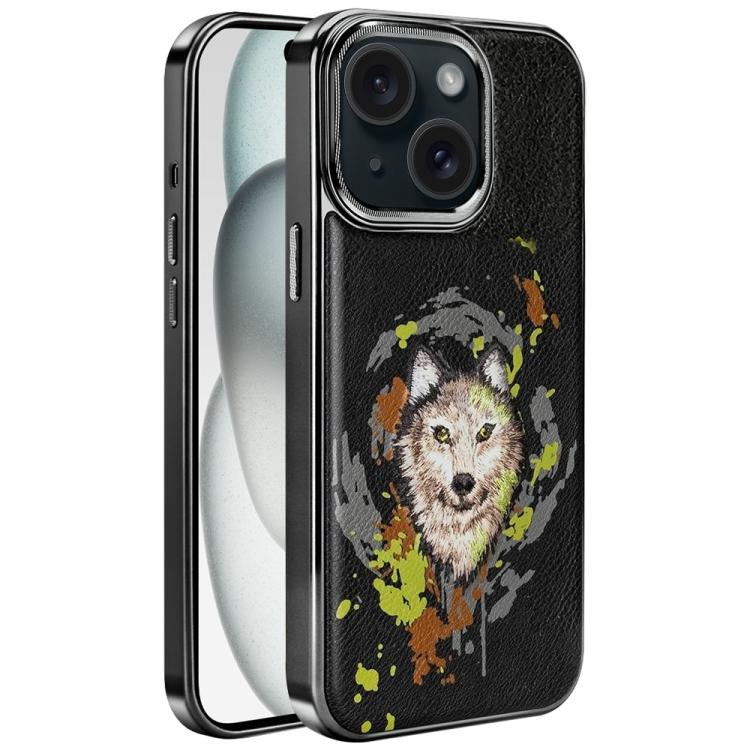 For iPhone 15 Plus Embroidered Graffiti Vegan Leather Shield Electroplated Magnetic Phone Case