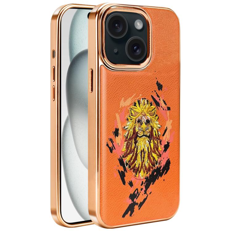 For iPhone 15 Plus Embroidered Graffiti Vegan Leather Shield Electroplated Magnetic Phone Case